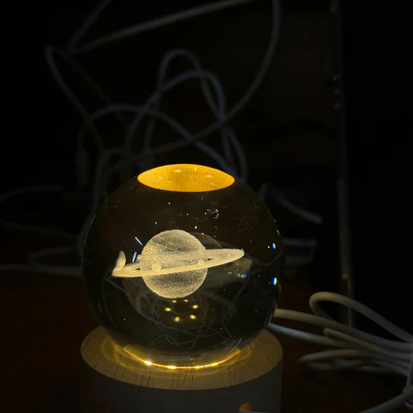 3D Saturn Crystal Ball Lamp with Wooden Base, LED Night Light for Home Decor