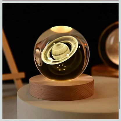 3D Saturn Crystal Ball Lamp with Wooden Base, LED Night Light for Home Decor