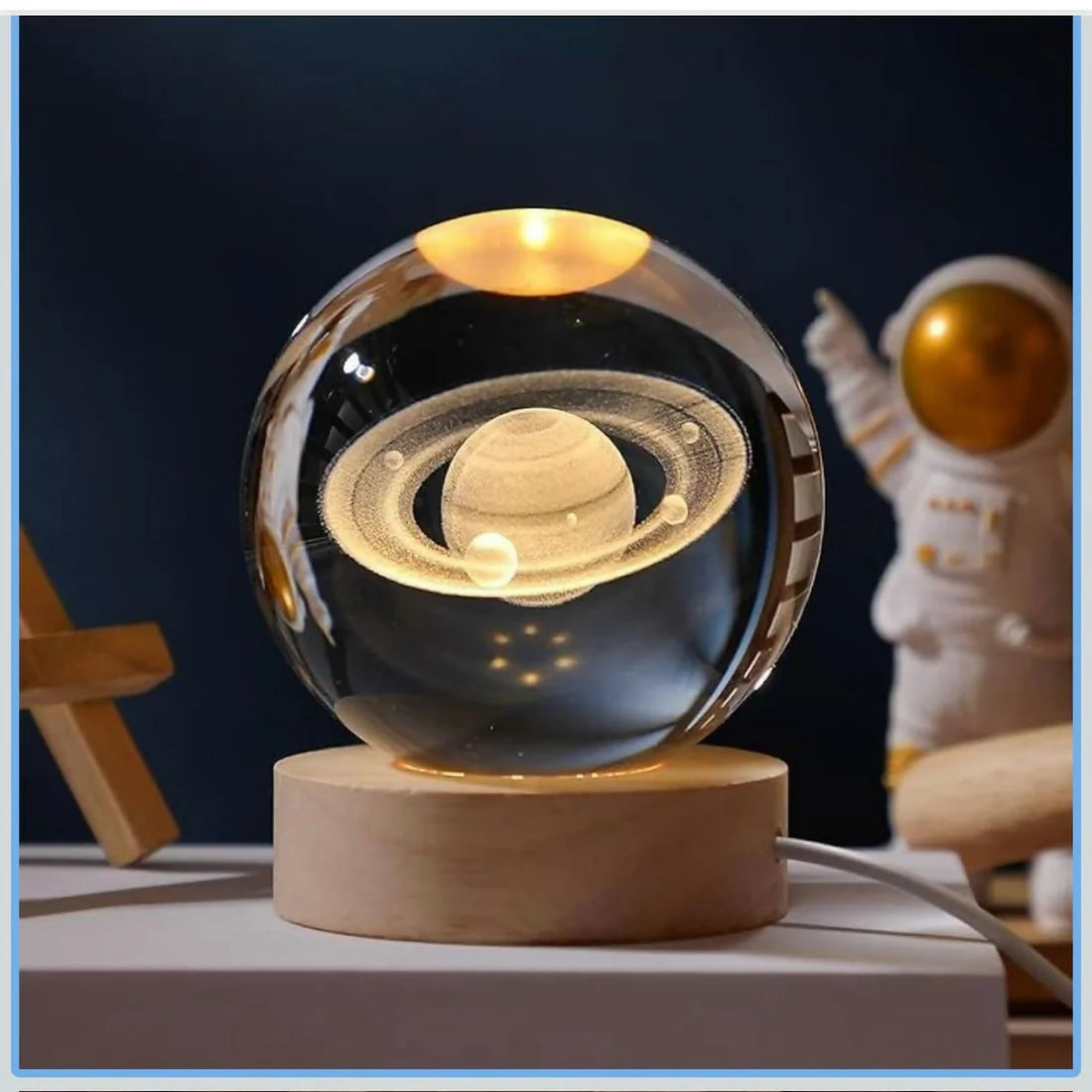 3D Saturn Crystal Ball Lamp with Wooden Base, LED Night Light for Home Decor