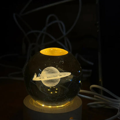 3D Saturn Crystal Ball Lamp with Wooden Base, LED Night Light for Home Decor
